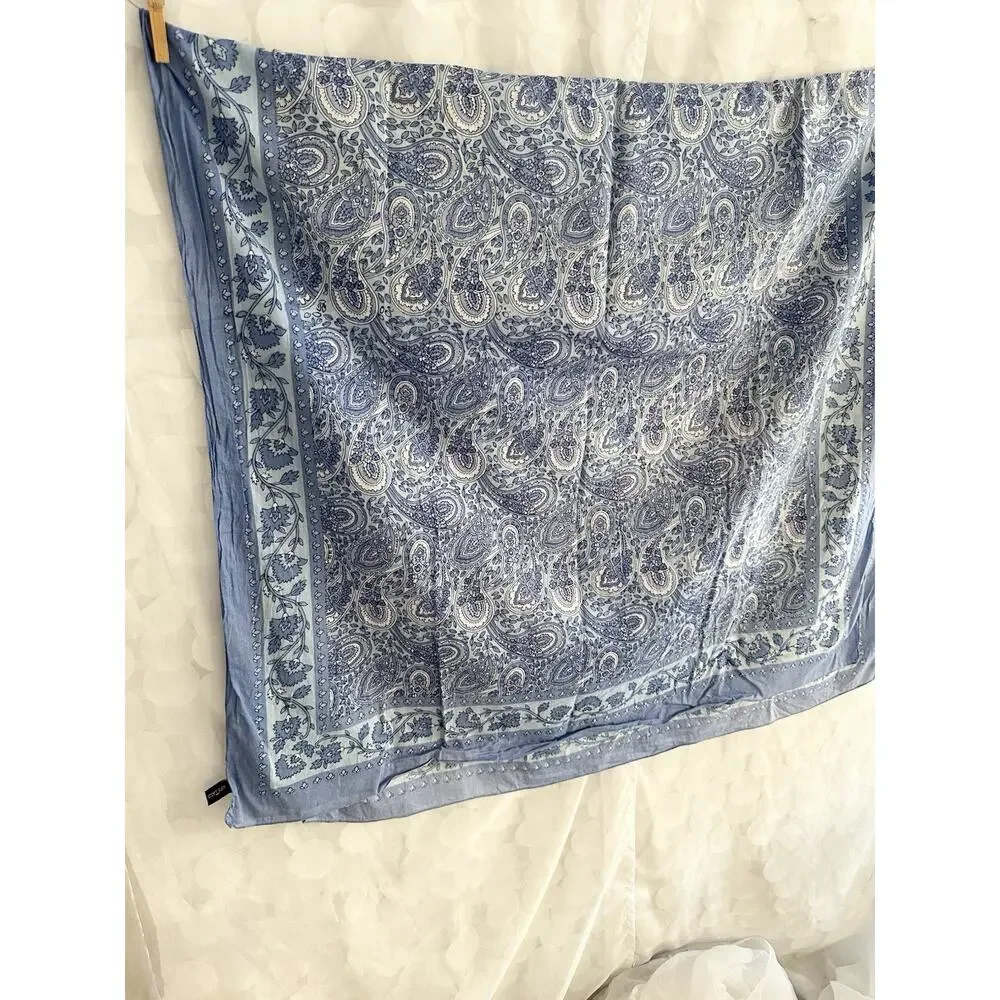 ANNE TAYLOR Scarf Sarong Pashima Blue White Paisley Floral Oversized 100% Cotton